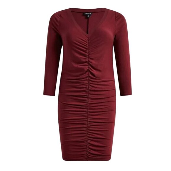 Torrid Burgundy Red Ruched Long Sleeve Bodycon Dress, size 2X - Picture 1 of 11